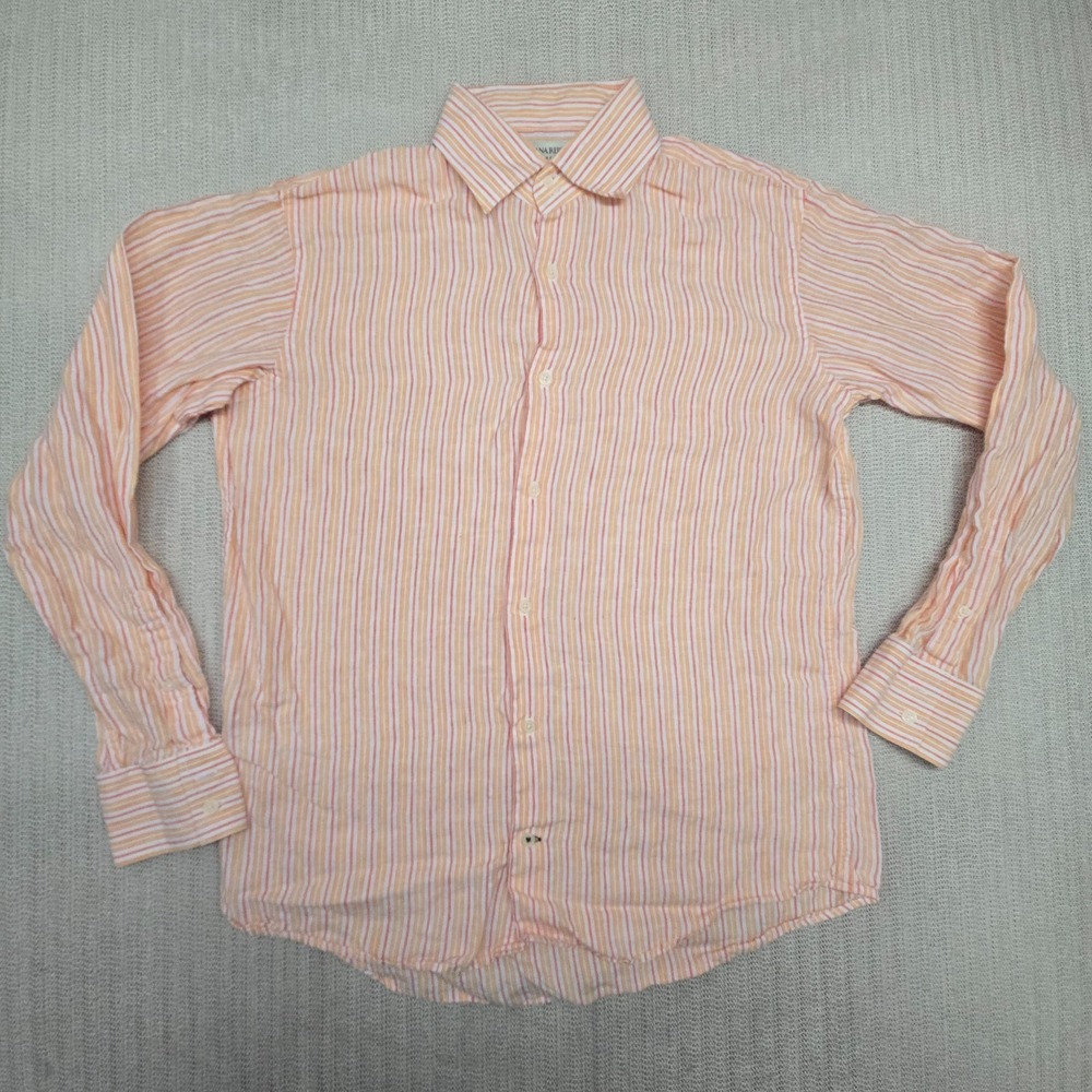 Banana Republic Shirt Mens Large Orange White Striped Linen Button Down Dress